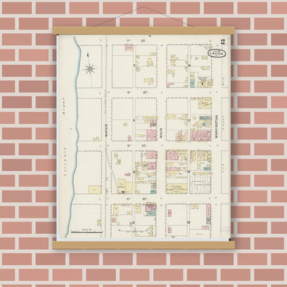 Old map wall art mockup — magnetic wood frame on brick wall — Sanborn Fire Insurance Map from Lacon, Marshall County, Illinois (1888), Sheet #0002