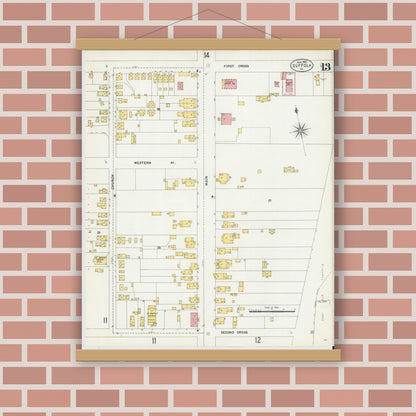 Old map wall art mockup — magnetic wood frame on brick wall — Sanborn Fire Insurance Map from Suffolk, Independent Cities, Virginia (1903), Sheet #0013