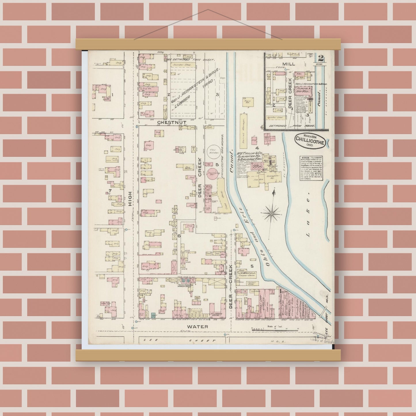 Old map wall art mockup — magnetic wood frame on brick wall — Sanborn Fire Insurance Map from Chillicothe, Ross County, Ohio (1884), Sheet #0002