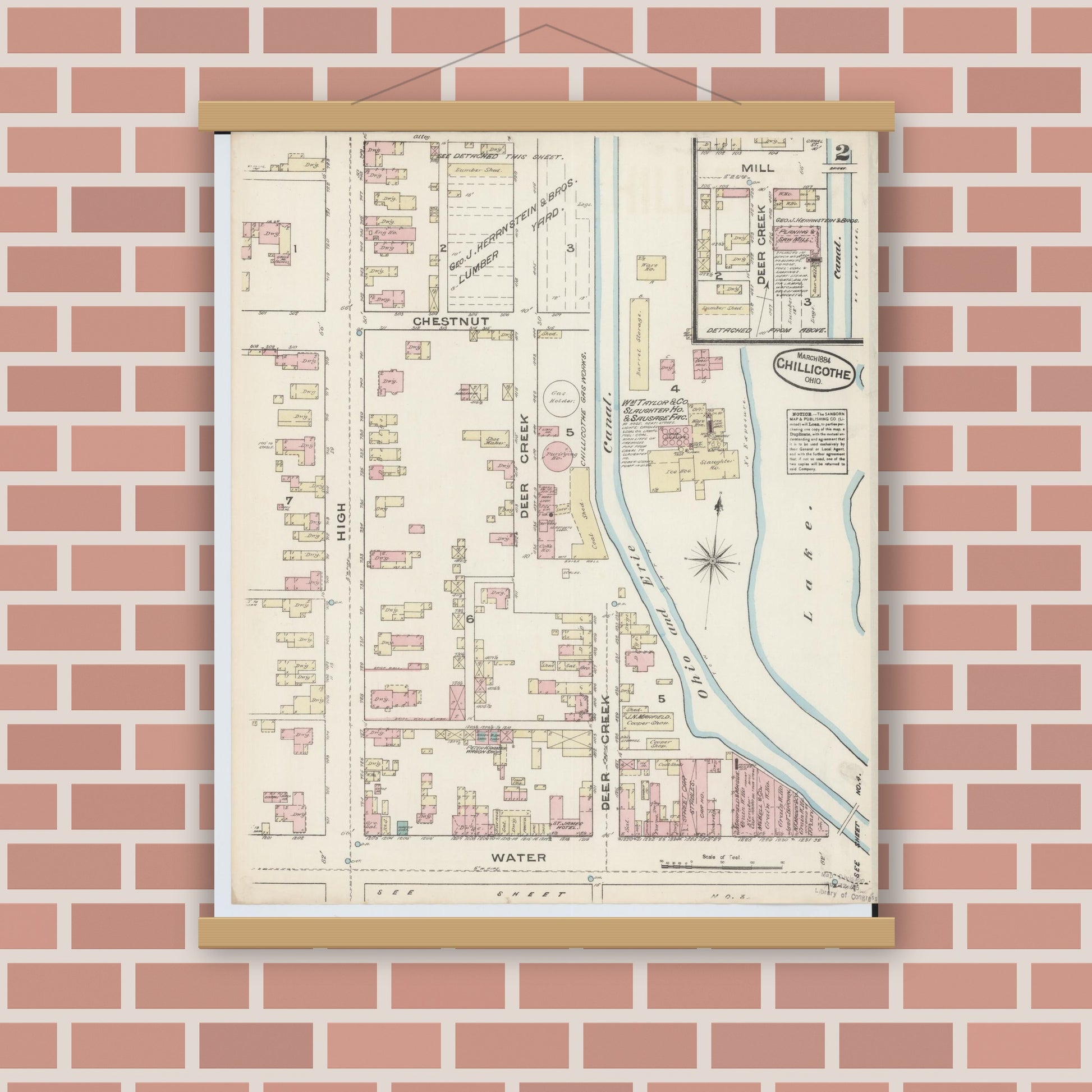 Old map wall art mockup — magnetic wood frame on brick wall — Sanborn Fire Insurance Map from Chillicothe, Ross County, Ohio (1884), Sheet #0002