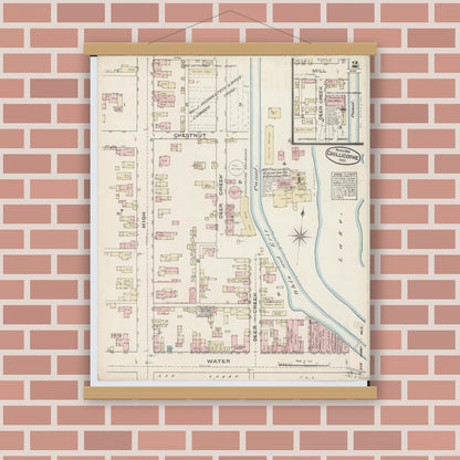 Old map wall art mockup — magnetic wood frame on brick wall — Sanborn Fire Insurance Map from Chillicothe, Ross County, Ohio (1884), Sheet #0002