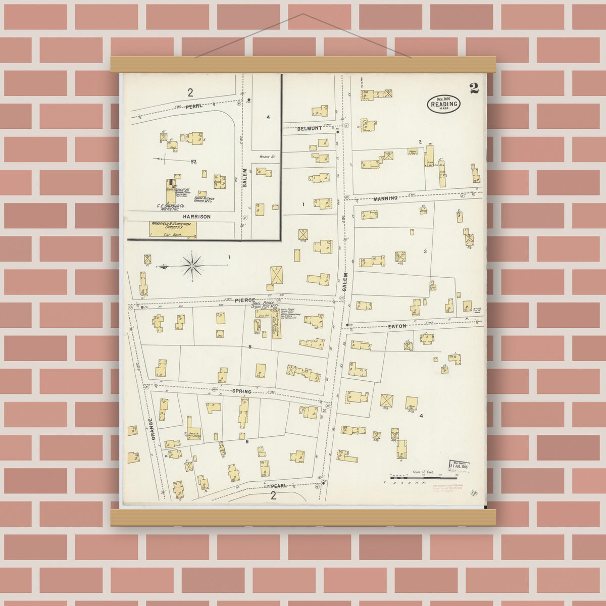 Old map wall art mockup — magnetic wood frame on brick wall — Sanborn Fire Insurance Map from Reading, Middlesex County, Massachusetts (1897), Sheet #0002