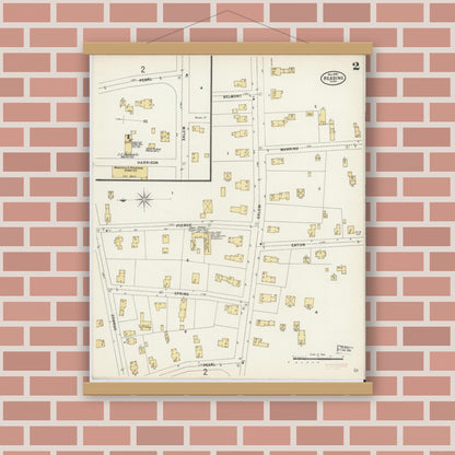 Old map wall art mockup — magnetic wood frame on brick wall — Sanborn Fire Insurance Map from Reading, Middlesex County, Massachusetts (1897), Sheet #0002