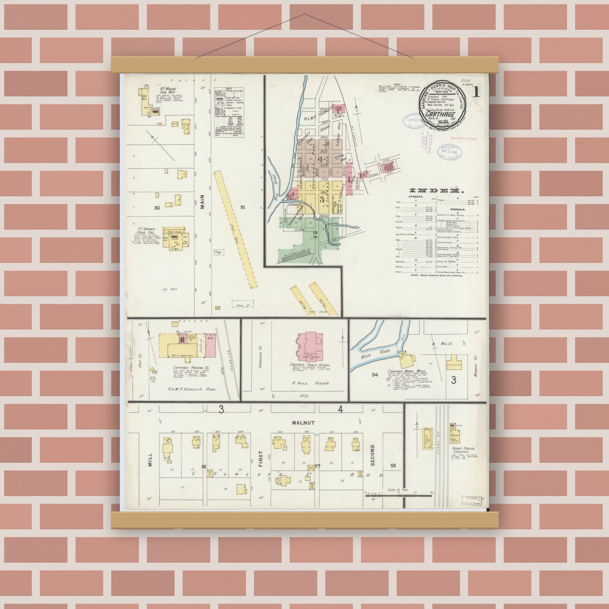 Old map wall art mockup — magnetic wood frame on brick wall — Sanborn Fire Insurance Map from Carthage, Rush County, Indiana (1898) - Complete Map Set