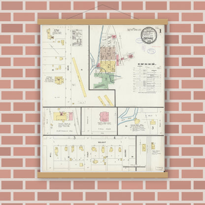 Old map wall art mockup — magnetic wood frame on brick wall — Sanborn Fire Insurance Map from Carthage, Rush County, Indiana (1898) - Complete Map Set