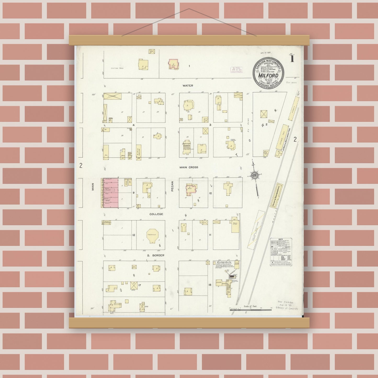 Old map wall art mockup — magnetic wood frame on brick wall — Sanborn Fire Insurance Map from Milford, Ellis County, Texas (1912) - Complete Map Set