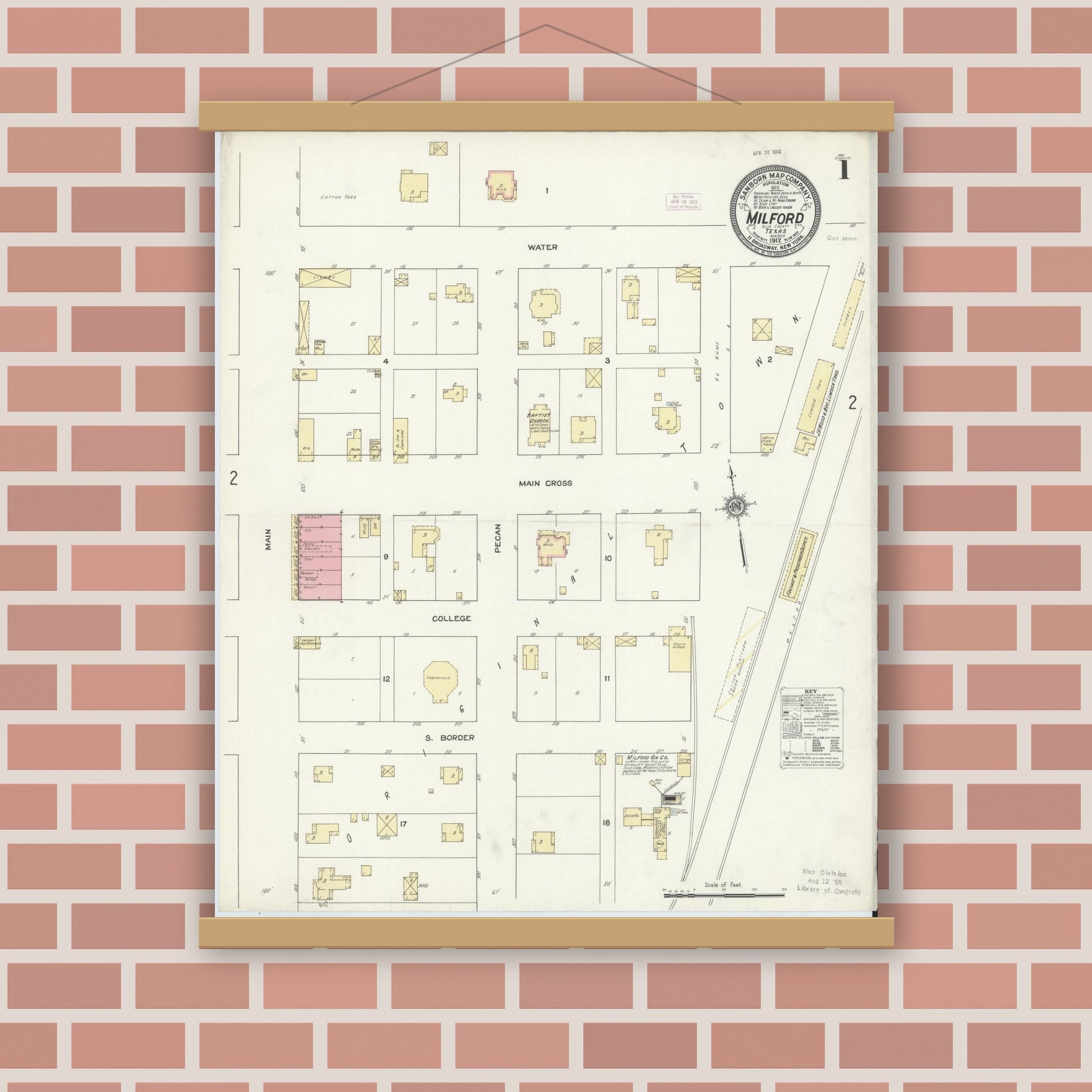 Old map wall art mockup — magnetic wood frame on brick wall — Sanborn Fire Insurance Map from Milford, Ellis County, Texas (1912) - Complete Map Set