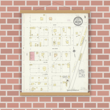 Old map wall art mockup — magnetic wood frame on brick wall — Sanborn Fire Insurance Map from Milford, Ellis County, Texas (1912) - Complete Map Set