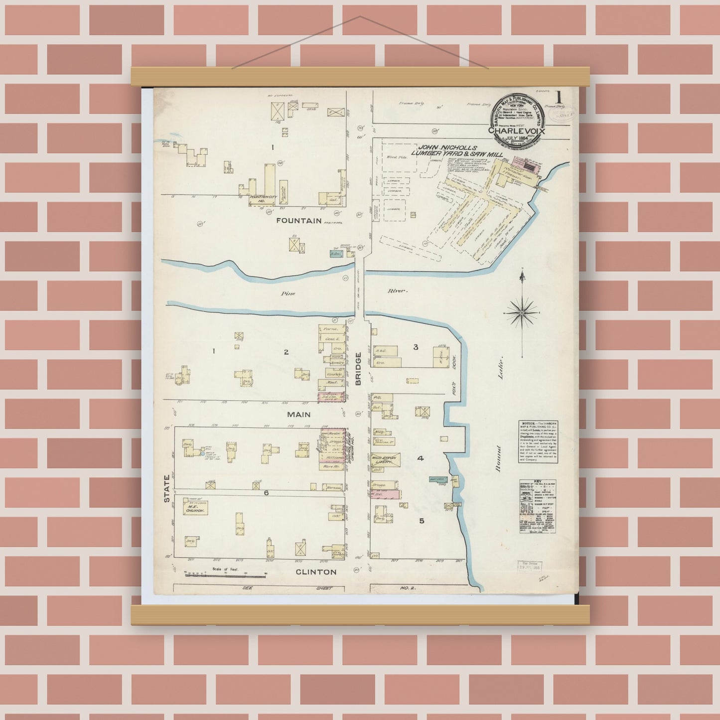 Old map wall art mockup — magnetic wood frame on brick wall — Sanborn Fire Insurance Map from Charlevoix, Charlevoix County, Michigan (1884), Sheet #0001