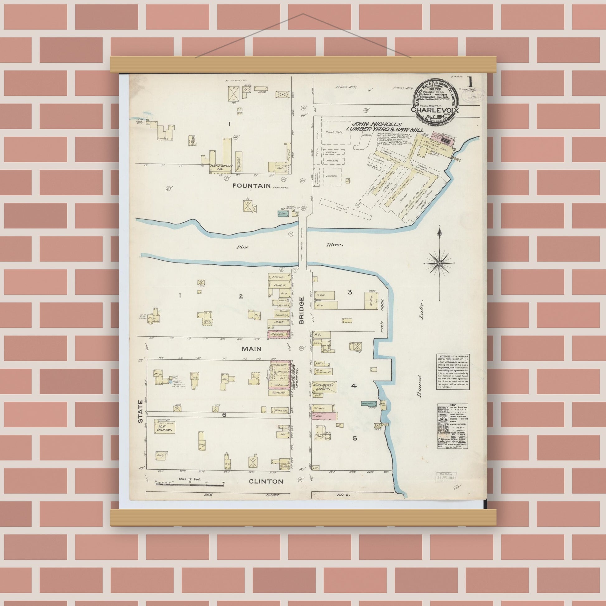 Old map wall art mockup — magnetic wood frame on brick wall — Sanborn Fire Insurance Map from Charlevoix, Charlevoix County, Michigan (1884), Sheet #0001