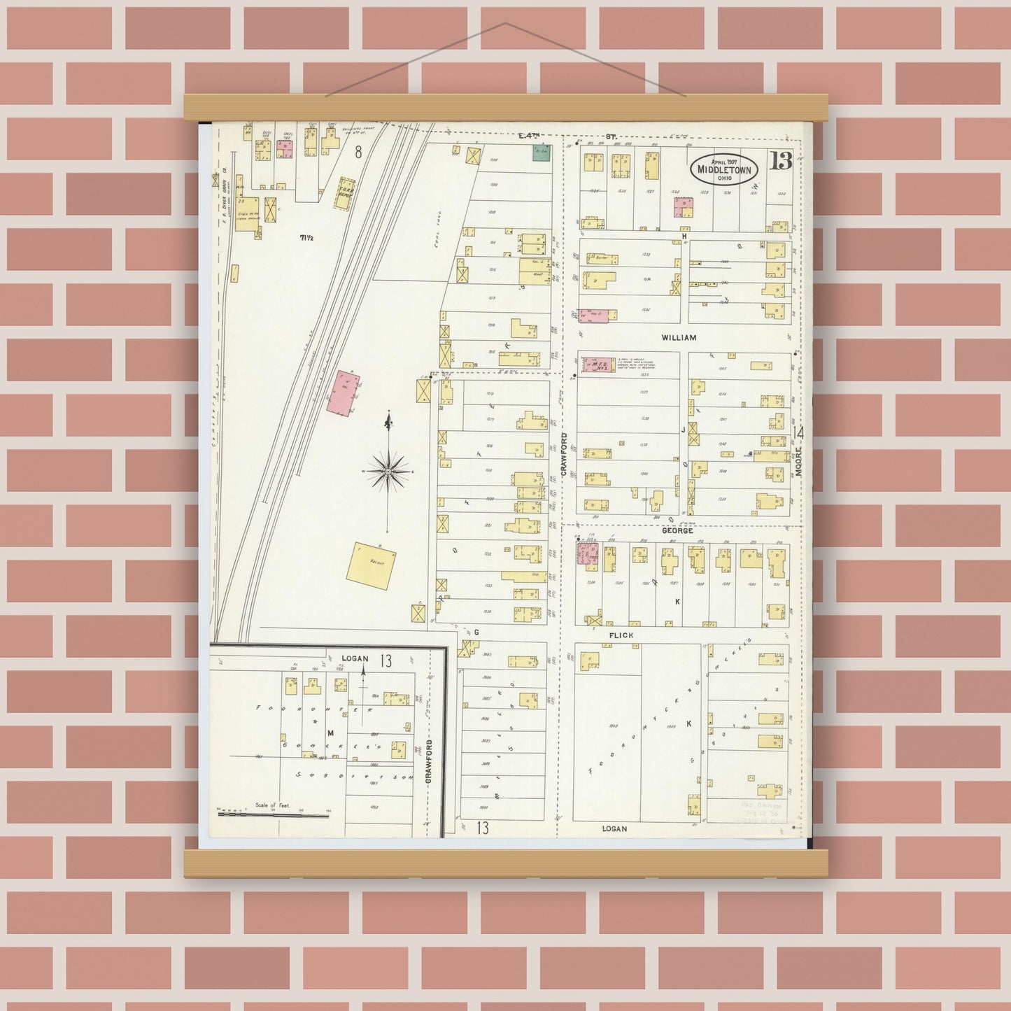 Old map wall art mockup — magnetic wood frame on brick wall — Sanborn Fire Insurance Map from Middletown, Butler County, Ohio (1907), Sheet #0013