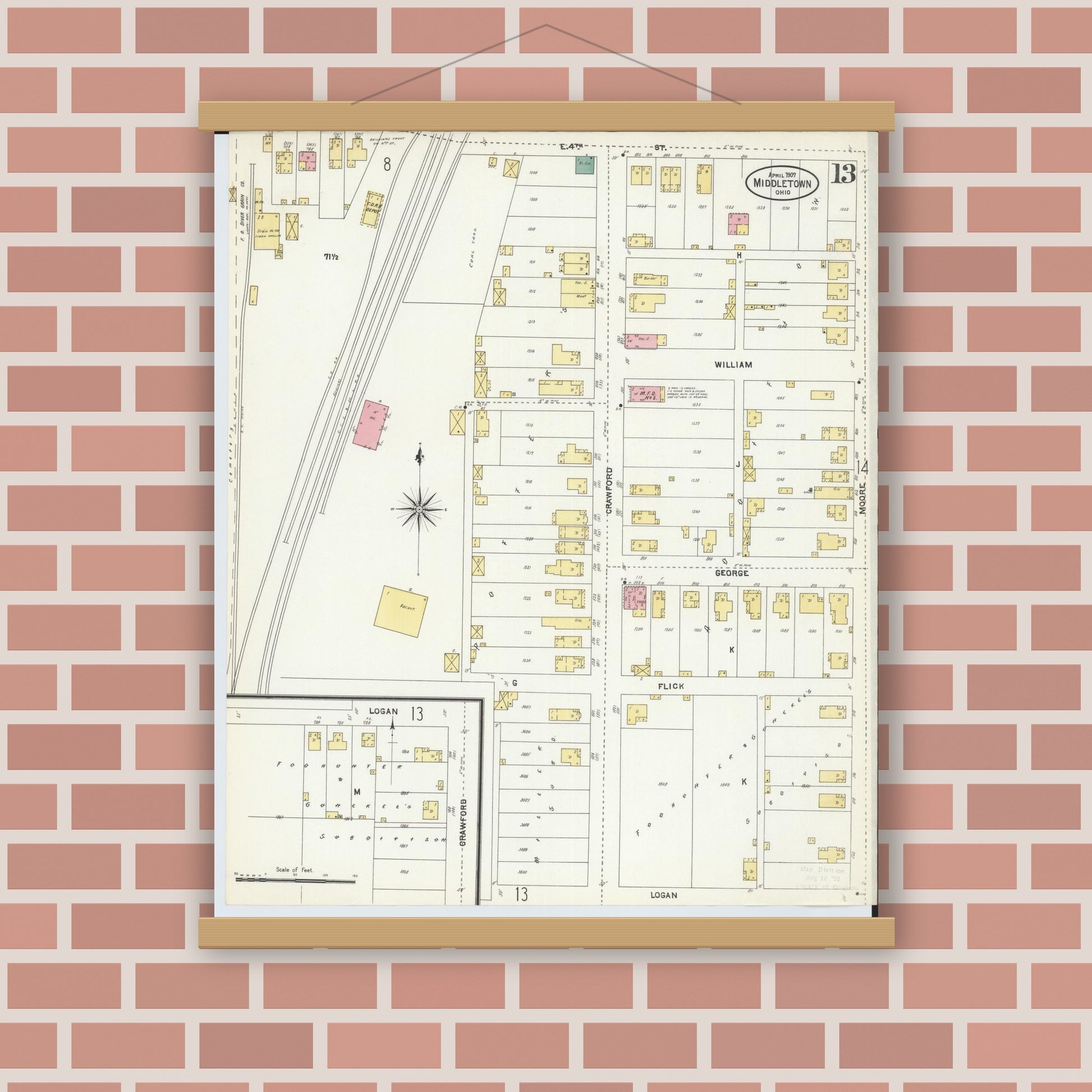 Old map wall art mockup — magnetic wood frame on brick wall — Sanborn Fire Insurance Map from Middletown, Butler County, Ohio (1907), Sheet #0013