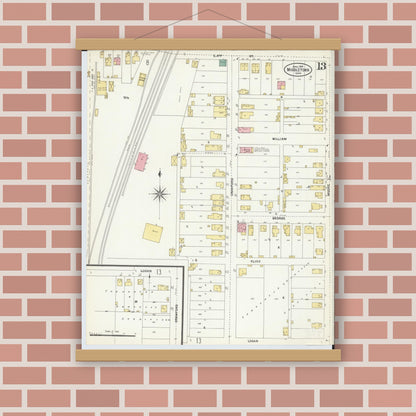 Old map wall art mockup — magnetic wood frame on brick wall — Sanborn Fire Insurance Map from Middletown, Butler County, Ohio (1907), Sheet #0013