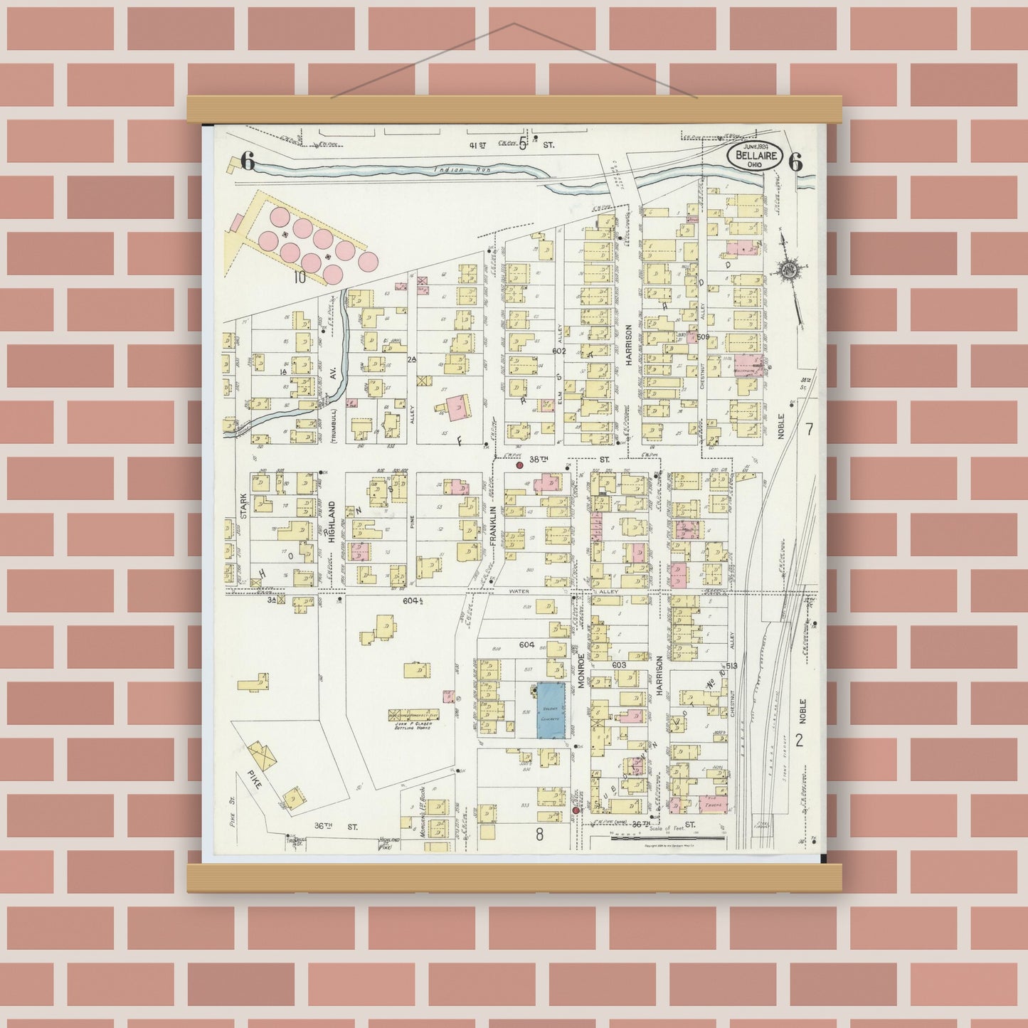 Old map wall art mockup — magnetic wood frame on brick wall — Sanborn Fire Insurance Map from Bellaire, Belmont County, Ohio (1924), Sheet #0006