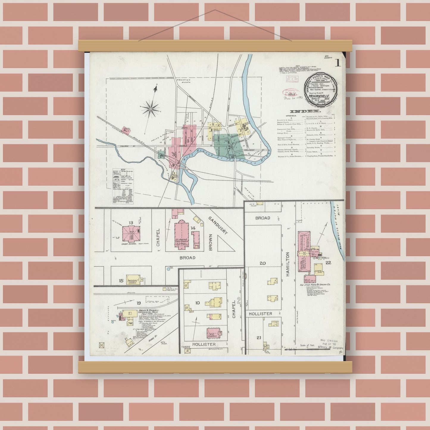 Old map wall art mockup — magnetic wood frame on brick wall — Sanborn Fire Insurance Map from Monroeville, Huron County, Ohio (1893) - Complete Map Set