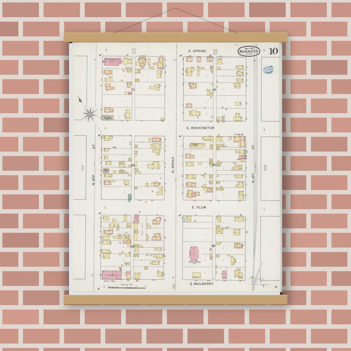 Old map wall art mockup — magnetic wood frame on brick wall — Sanborn Fire Insurance Map from Mankato, Blue Earth County, Minnesota (1894), Sheet #0010