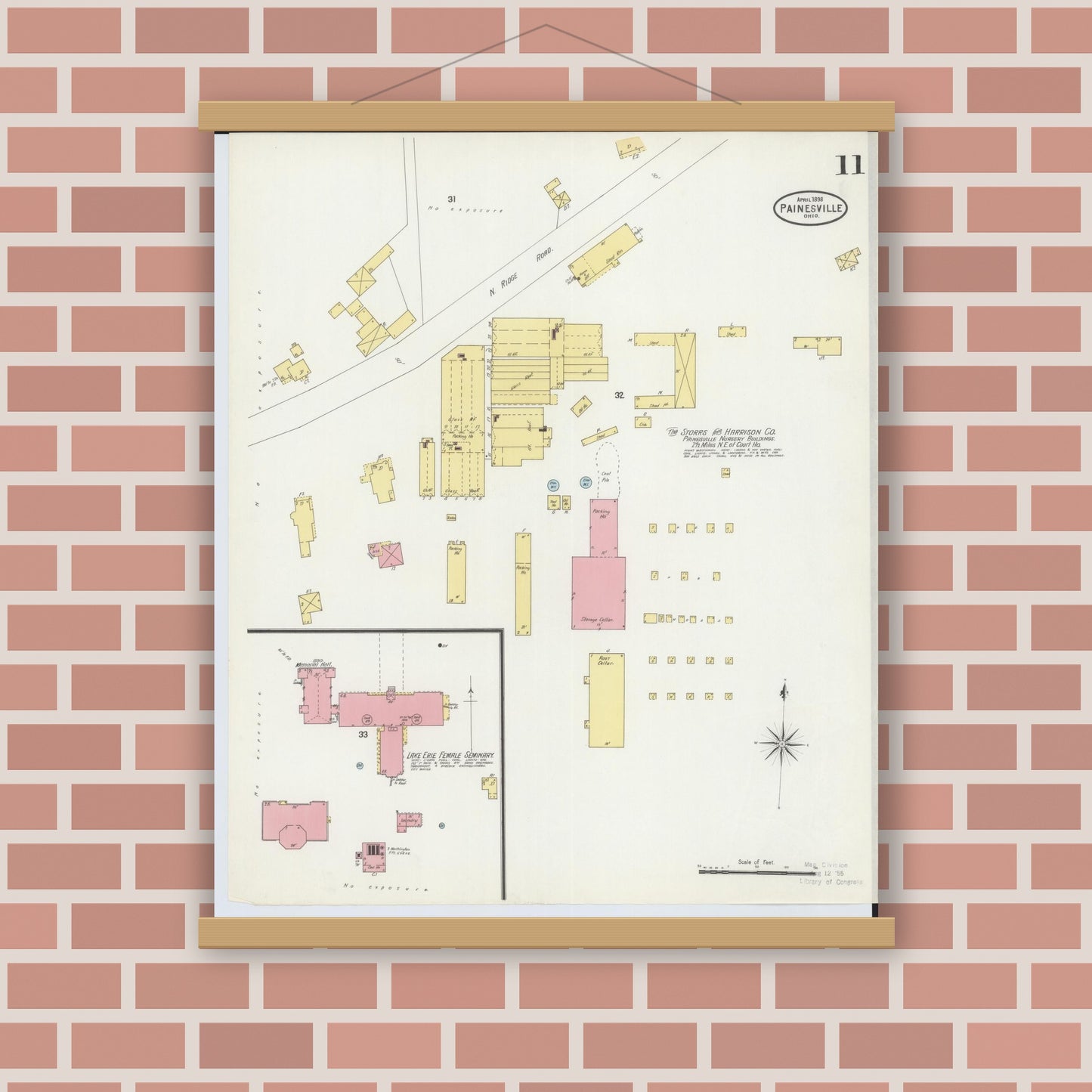 Old map wall art mockup — magnetic wood frame on brick wall — Sanborn Fire Insurance Map from Painesville, Lake County, Ohio (1898), Sheet #0011