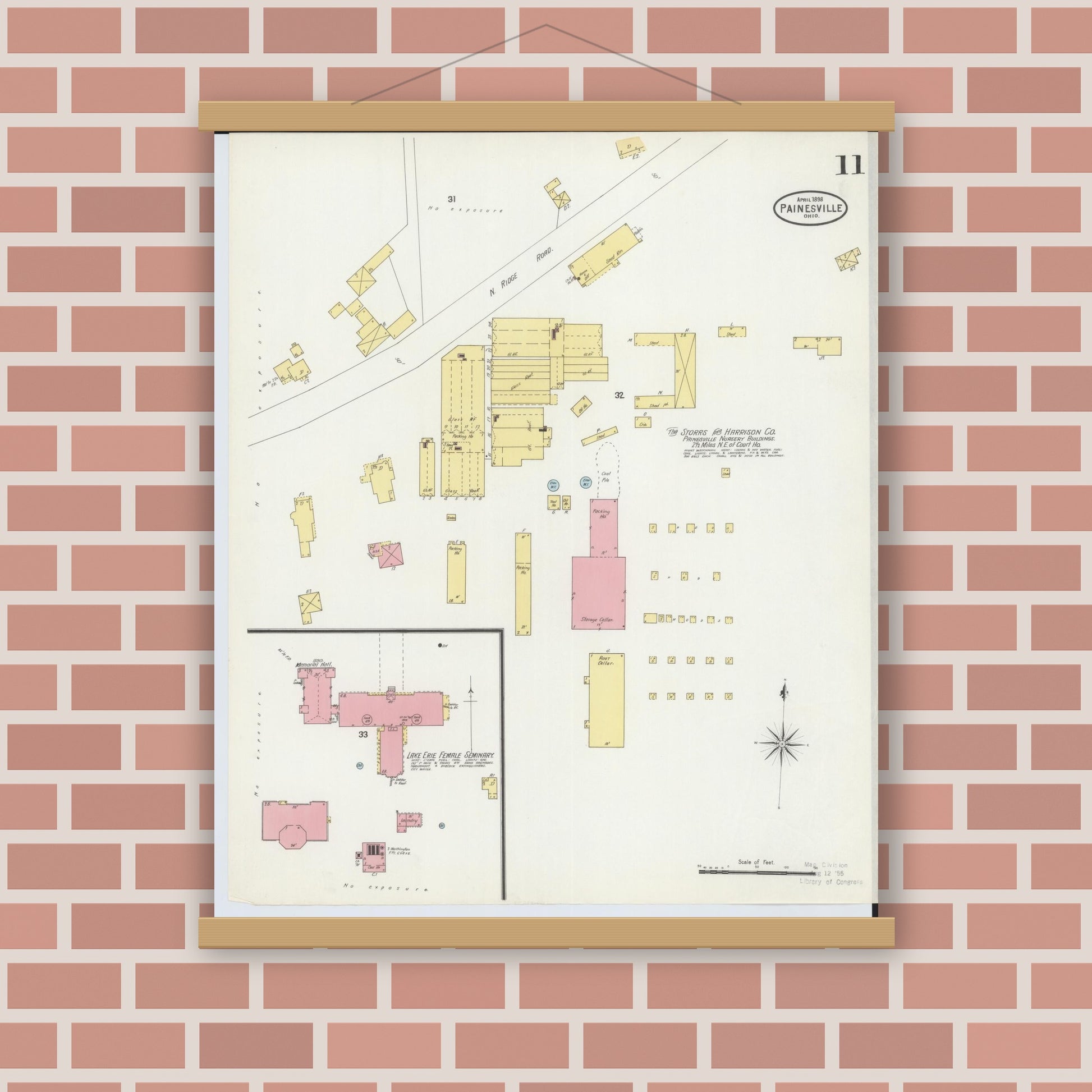 Old map wall art mockup — magnetic wood frame on brick wall — Sanborn Fire Insurance Map from Painesville, Lake County, Ohio (1898), Sheet #0011
