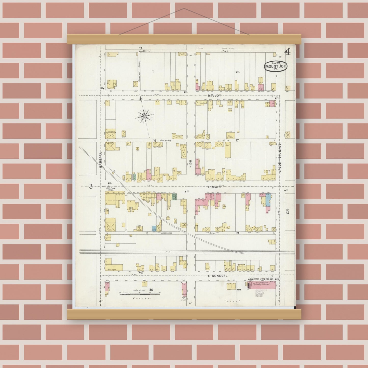 Old map wall art mockup — magnetic wood frame on brick wall — Sanborn Fire Insurance Map from Mount Joy, Lancaster County, Pennsylvania (1896), Sheet #0004