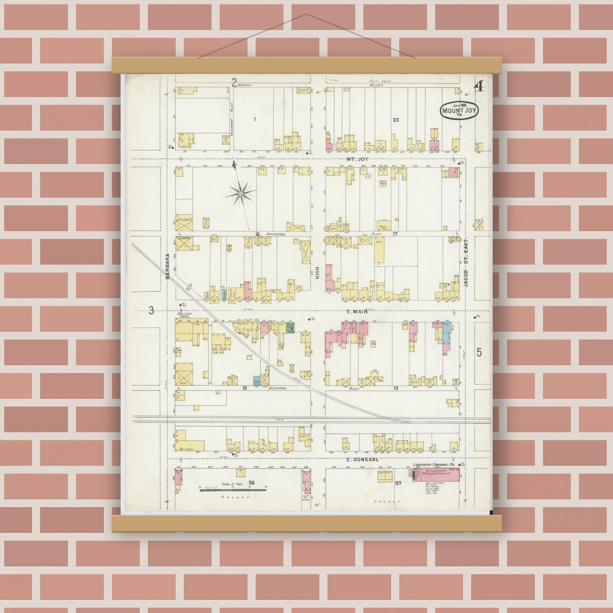 Old map wall art mockup — magnetic wood frame on brick wall — Sanborn Fire Insurance Map from Mount Joy, Lancaster County, Pennsylvania (1896), Sheet #0004