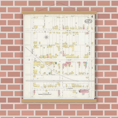 Old map wall art mockup — magnetic wood frame on brick wall — Sanborn Fire Insurance Map from Mount Joy, Lancaster County, Pennsylvania (1896), Sheet #0004