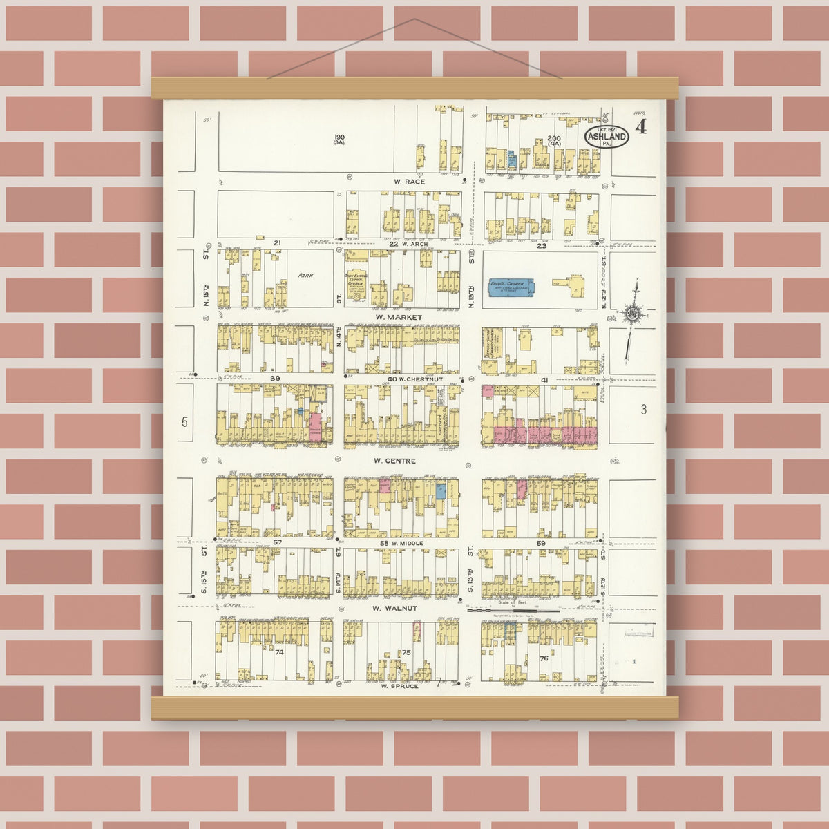 Old map wall art mockup — magnetic wood frame on brick wall — Sanborn Fire Insurance Map from Ashland, Schuylkill County, Pennsylvania (1921), Sheet #0004