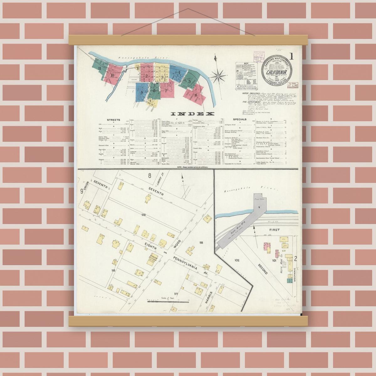 Old map wall art mockup — magnetic wood frame on brick wall — Sanborn Fire Insurance Map from California, Washington County, Pennsylvania (1907), Sheet #0001