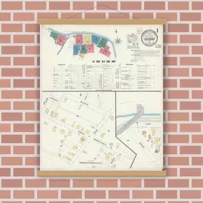Old map wall art mockup — magnetic wood frame on brick wall — Sanborn Fire Insurance Map from California, Washington County, Pennsylvania (1907), Sheet #0001