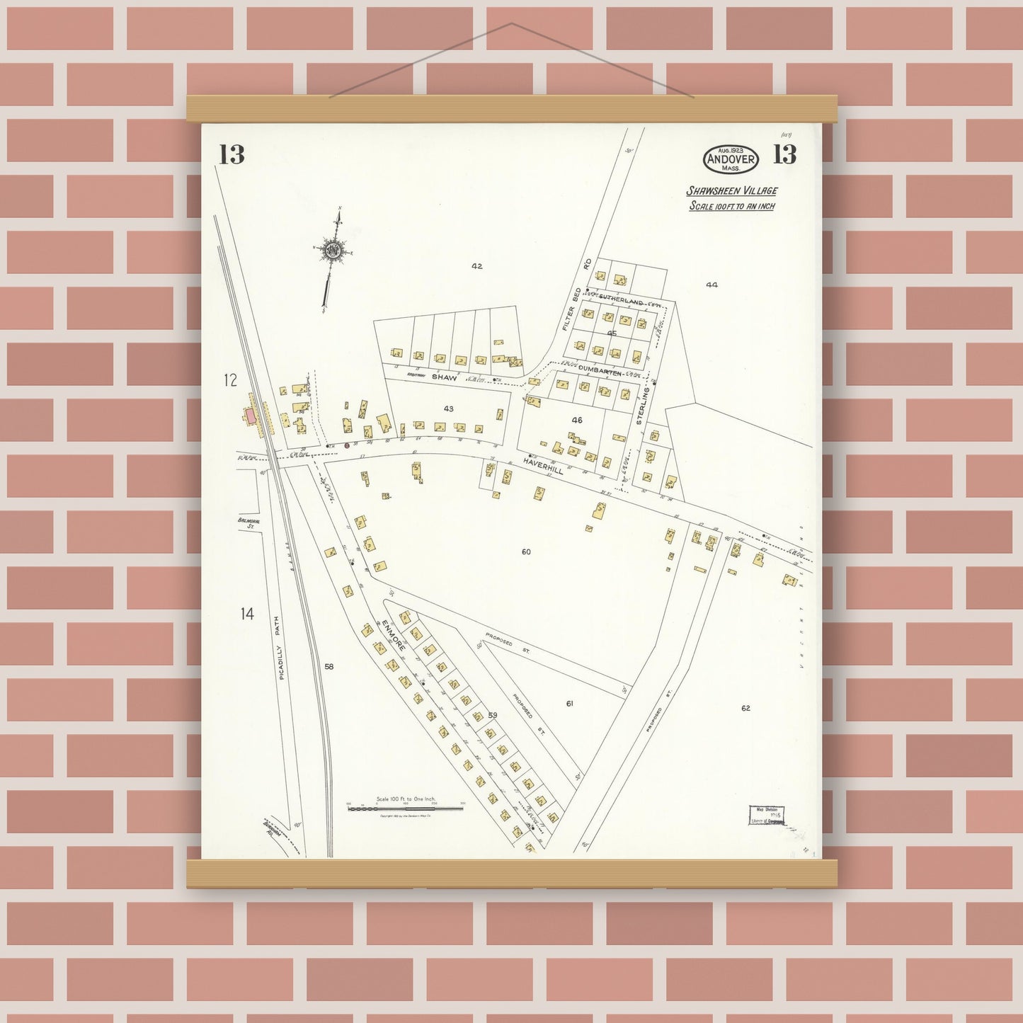 Old map wall art mockup — magnetic wood frame on brick wall — Sanborn Fire Insurance Map from Andover, Essex County, Massachusetts (1923), Sheet #0013