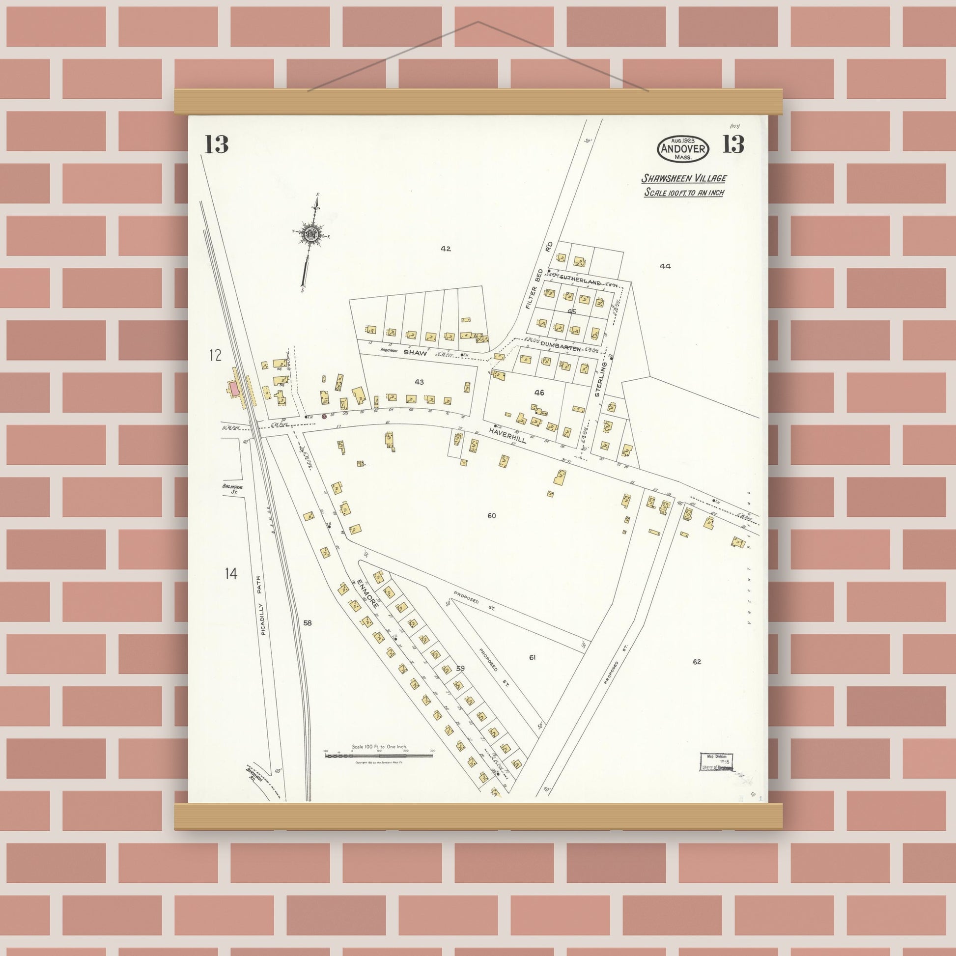Old map wall art mockup — magnetic wood frame on brick wall — Sanborn Fire Insurance Map from Andover, Essex County, Massachusetts (1923), Sheet #0013