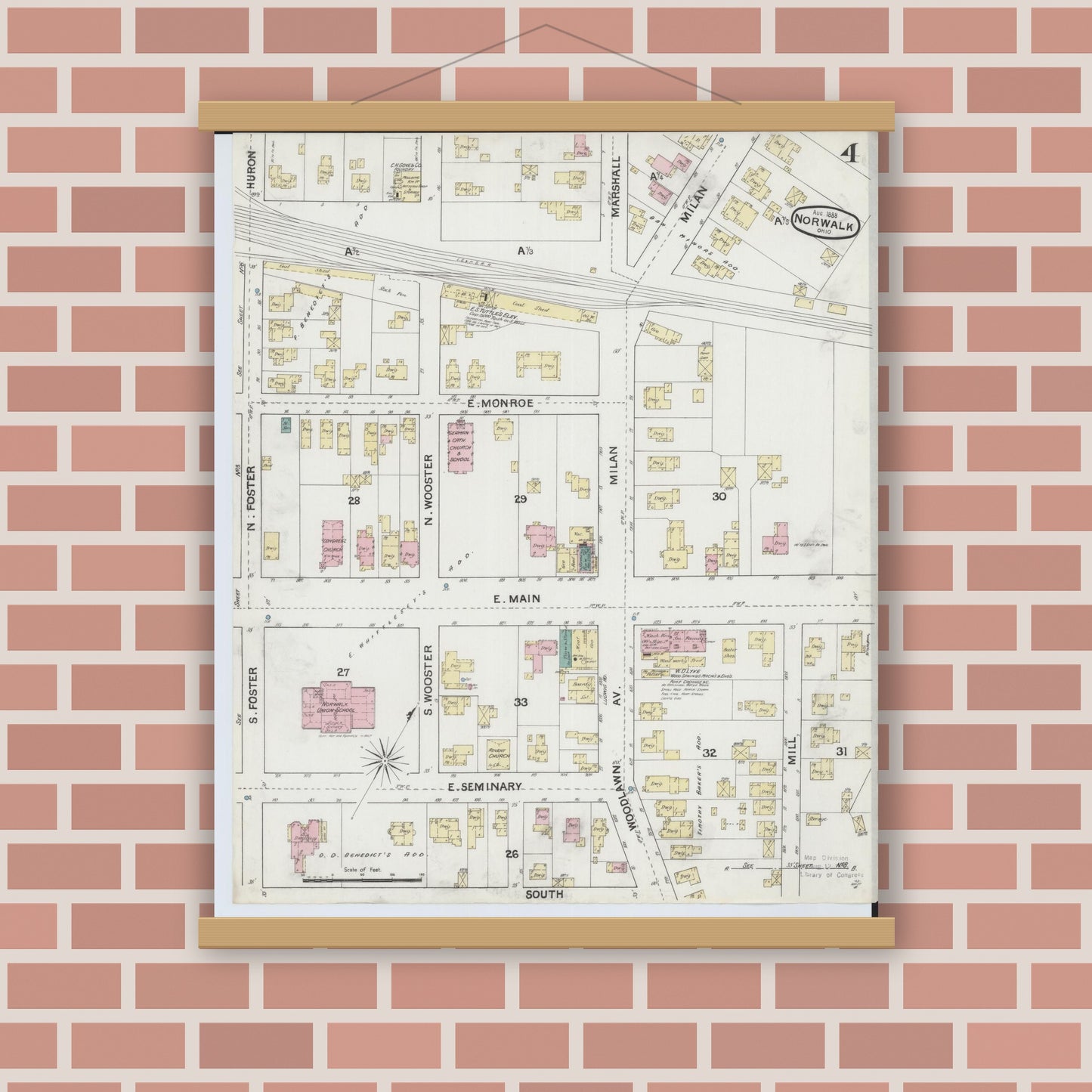 Old map wall art mockup — magnetic wood frame on brick wall — Sanborn Fire Insurance Map from Norwalk, Huron County, Ohio (1888), Sheet #0004