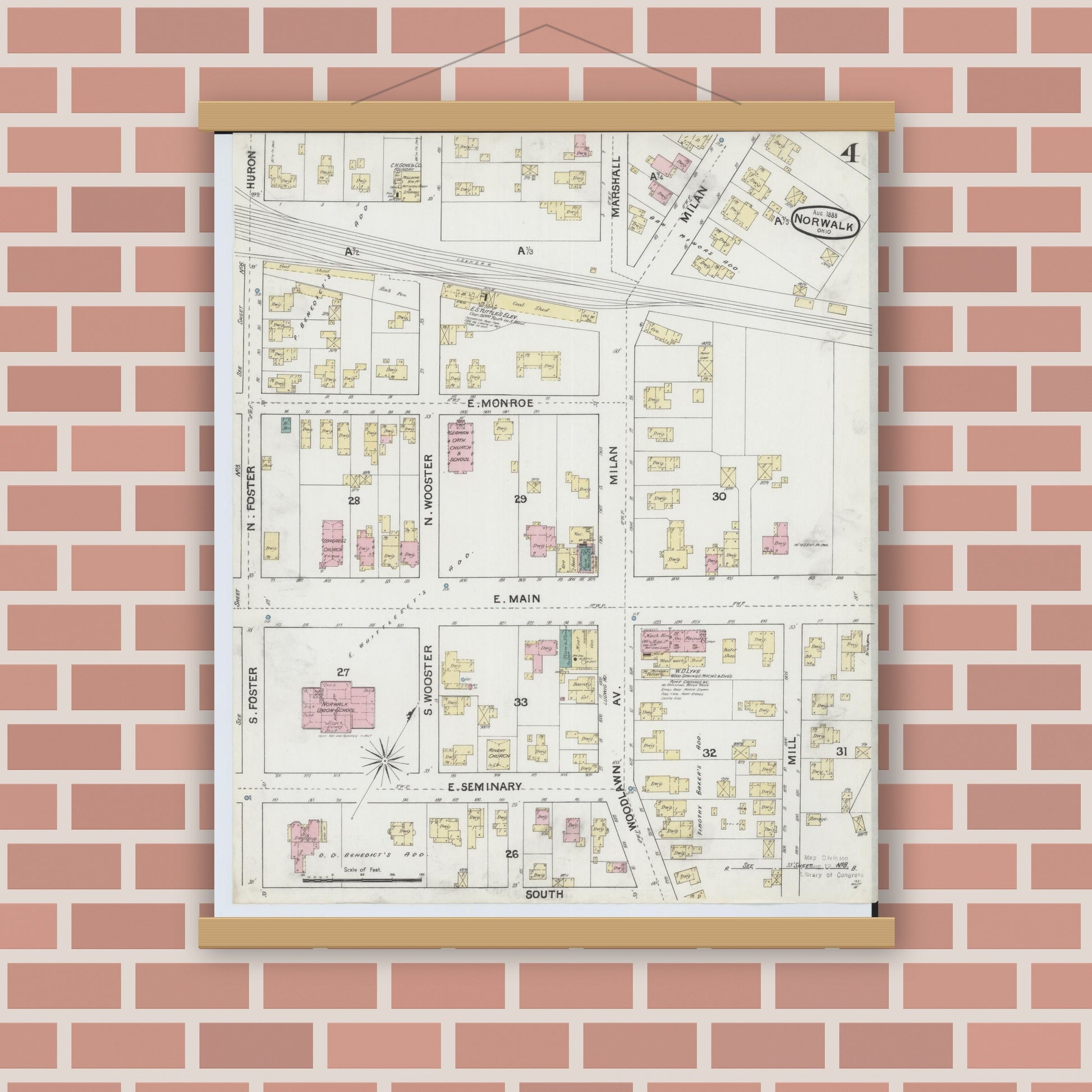Old map wall art mockup — magnetic wood frame on brick wall — Sanborn Fire Insurance Map from Norwalk, Huron County, Ohio (1888), Sheet #0004