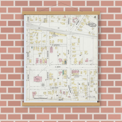 Old map wall art mockup — magnetic wood frame on brick wall — Sanborn Fire Insurance Map from Norwalk, Huron County, Ohio (1888), Sheet #0004