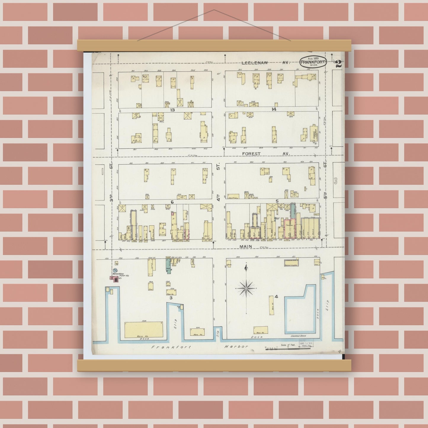 Old map wall art mockup — magnetic wood frame on brick wall — Sanborn Fire Insurance Map from Frankfort, Benzie County, Michigan (1893), Sheet #0002