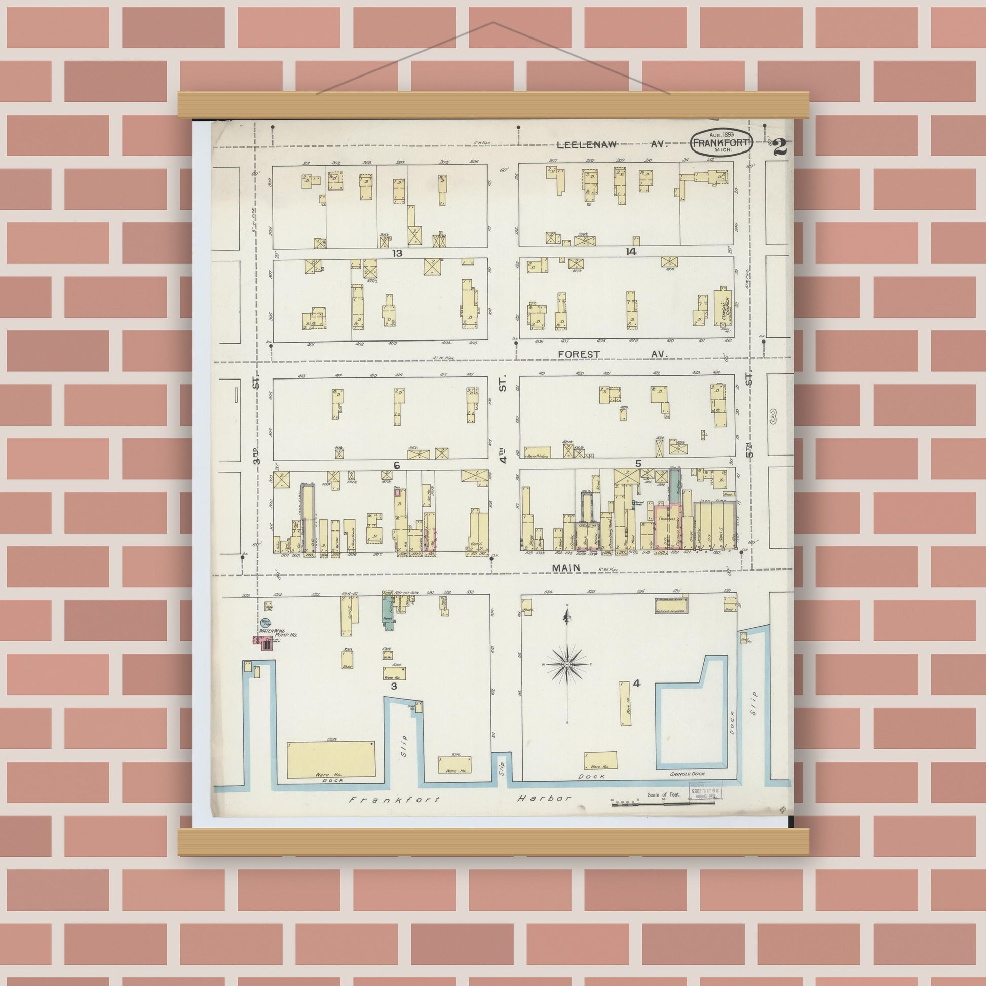 Old map wall art mockup — magnetic wood frame on brick wall — Sanborn Fire Insurance Map from Frankfort, Benzie County, Michigan (1893), Sheet #0002