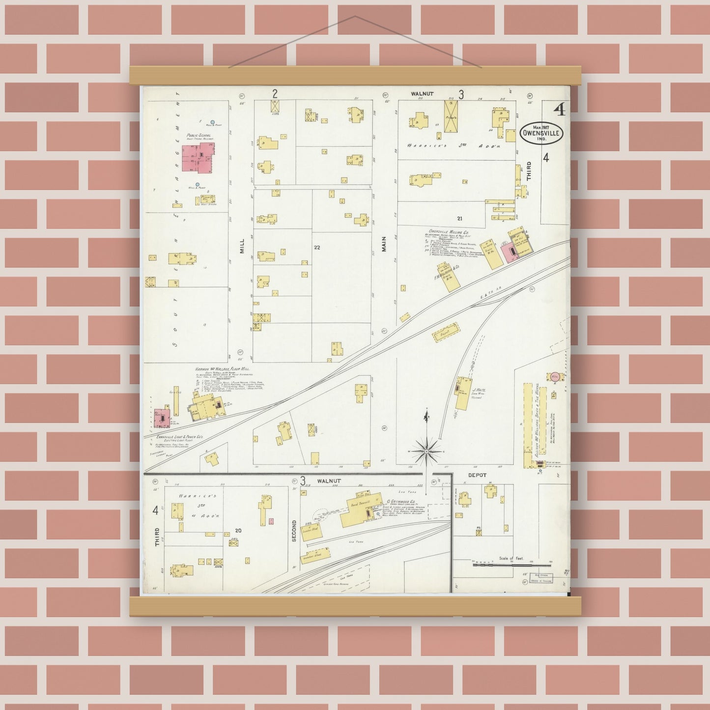 Old map wall art mockup — magnetic wood frame on brick wall — Sanborn Fire Insurance Map from Owensville, Gibson County, Indiana (1907), Sheet #0004