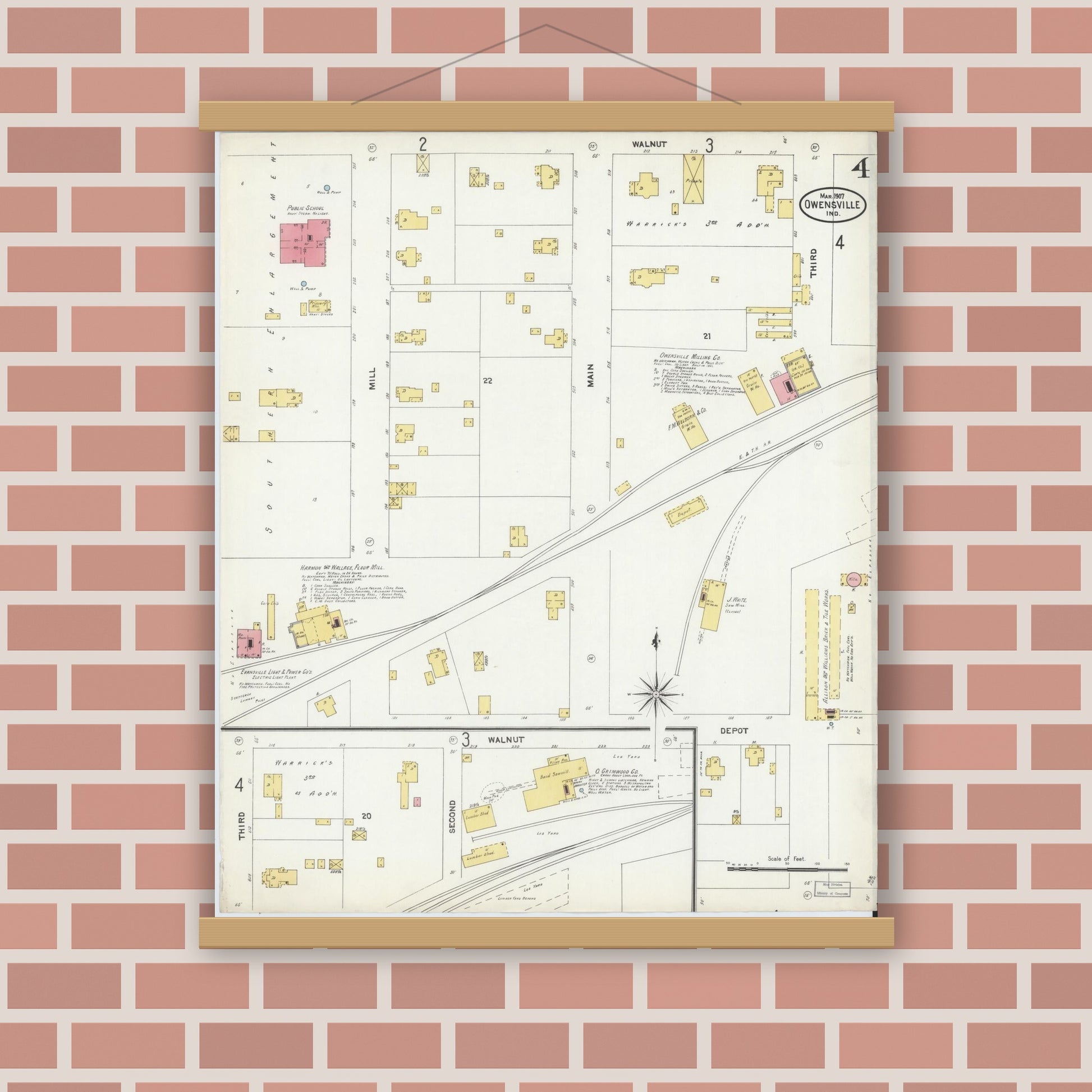 Old map wall art mockup — magnetic wood frame on brick wall — Sanborn Fire Insurance Map from Owensville, Gibson County, Indiana (1907), Sheet #0004