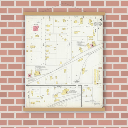 Old map wall art mockup — magnetic wood frame on brick wall — Sanborn Fire Insurance Map from Owensville, Gibson County, Indiana (1907), Sheet #0004