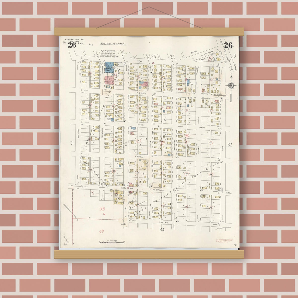 Old map wall art mockup — magnetic wood frame on brick wall — Sanborn Fire Insurance Map from Michigan City, La Porte County, Indiana (1948), Sheet #0026