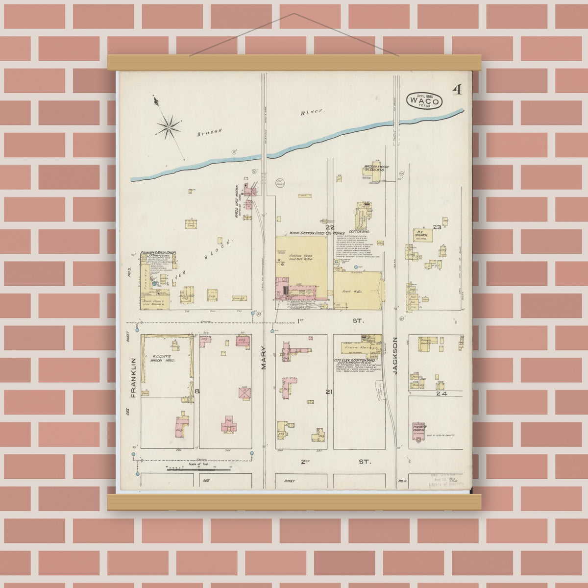 Old map wall art mockup — magnetic wood frame on brick wall — Sanborn Fire Insurance Map from Waco, McLennan County, Texas (1885), Sheet #0004