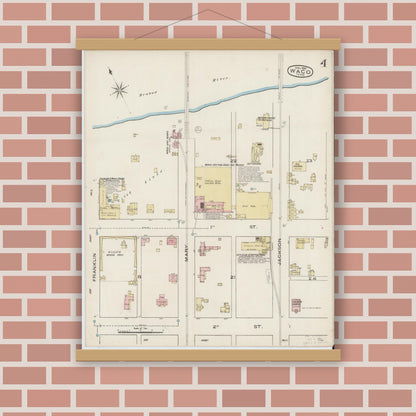Old map wall art mockup — magnetic wood frame on brick wall — Sanborn Fire Insurance Map from Waco, McLennan County, Texas (1885), Sheet #0004