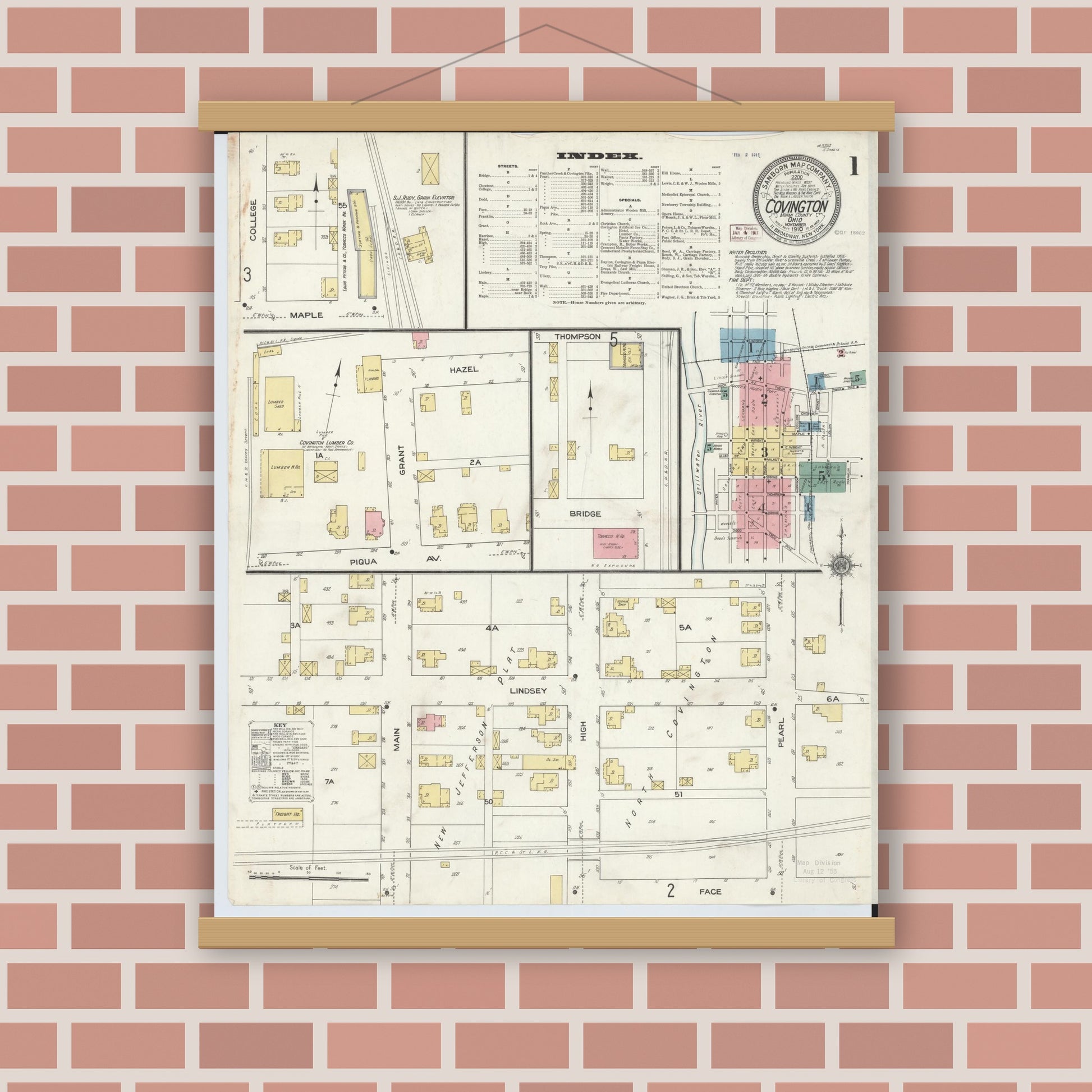 Old map wall art mockup — magnetic wood frame on brick wall — Sanborn Fire Insurance Map from Covington, Miami County, Ohio (1910) - Complete Map Set