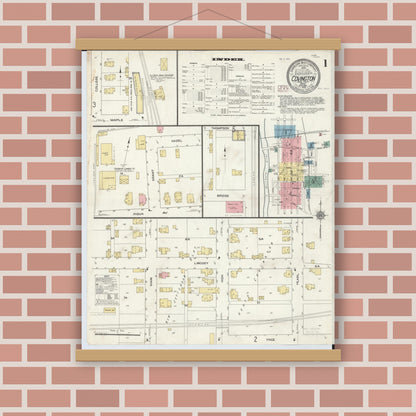 Old map wall art mockup — magnetic wood frame on brick wall — Sanborn Fire Insurance Map from Covington, Miami County, Ohio (1910) - Complete Map Set