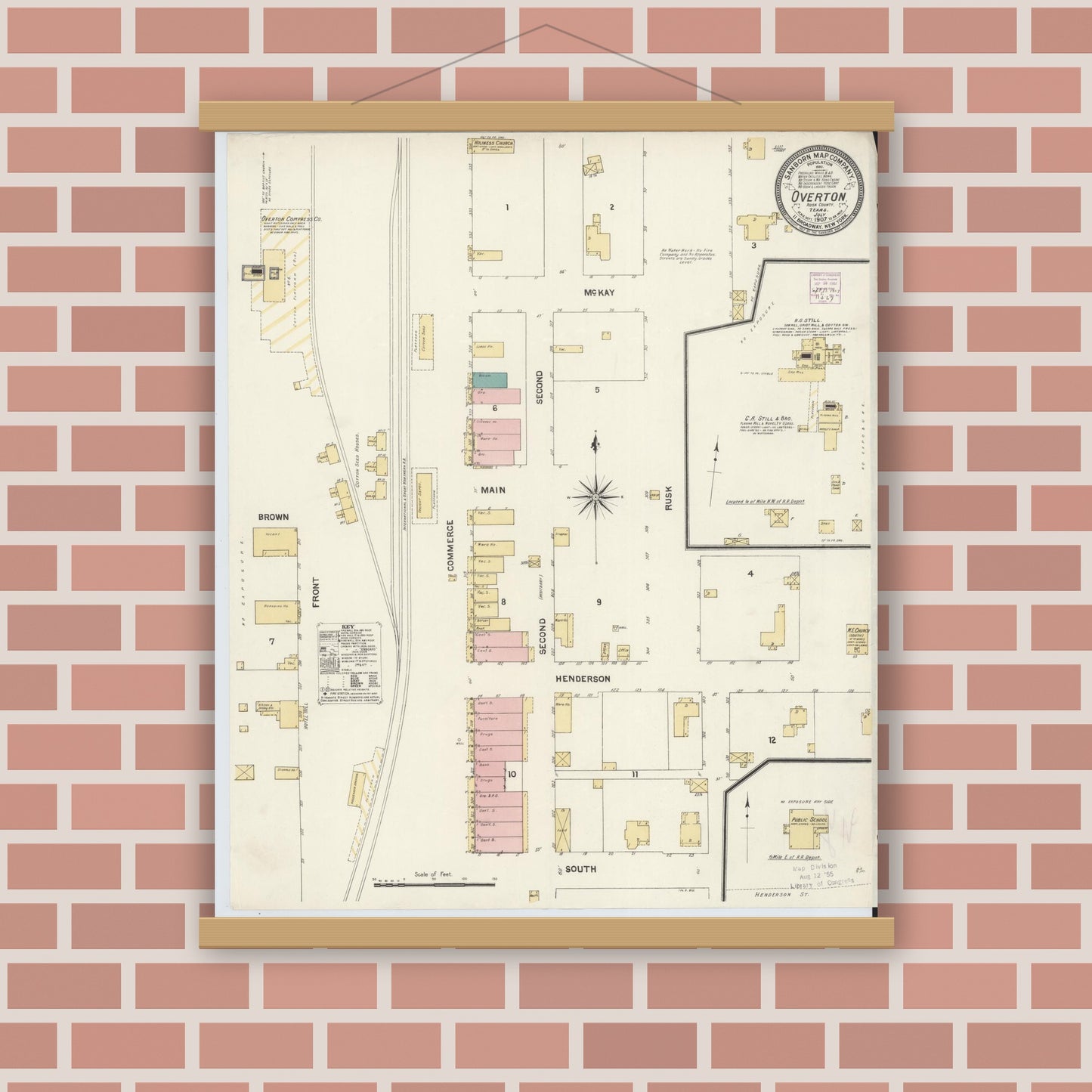 Old map wall art mockup — magnetic wood frame on brick wall — Sanborn Fire Insurance Map from Overton, Rusk County, Texas (1907), Sheet #0001