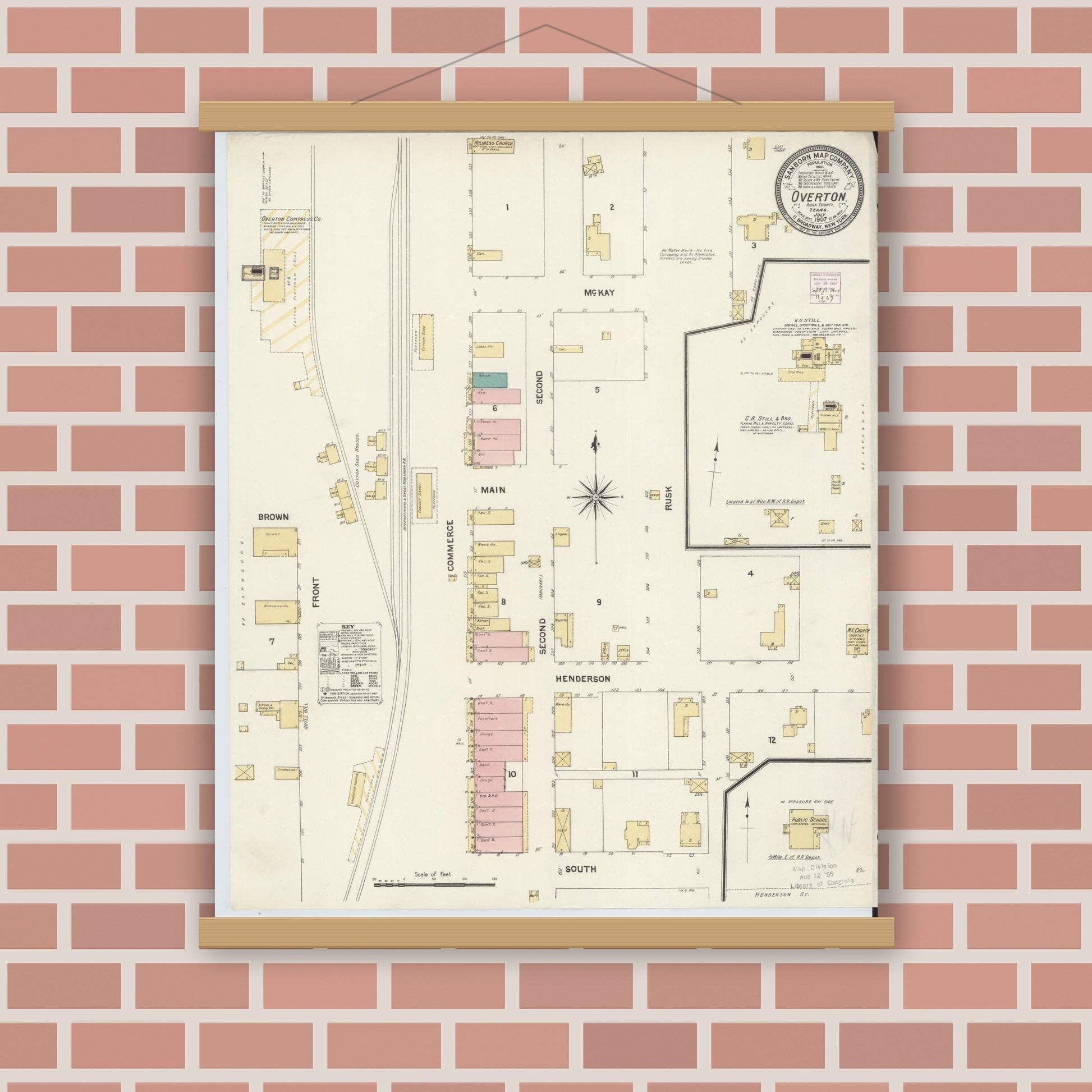 Old map wall art mockup — magnetic wood frame on brick wall — Sanborn Fire Insurance Map from Overton, Rusk County, Texas (1907), Sheet #0001