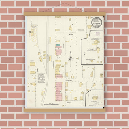 Old map wall art mockup — magnetic wood frame on brick wall — Sanborn Fire Insurance Map from Overton, Rusk County, Texas (1907), Sheet #0001