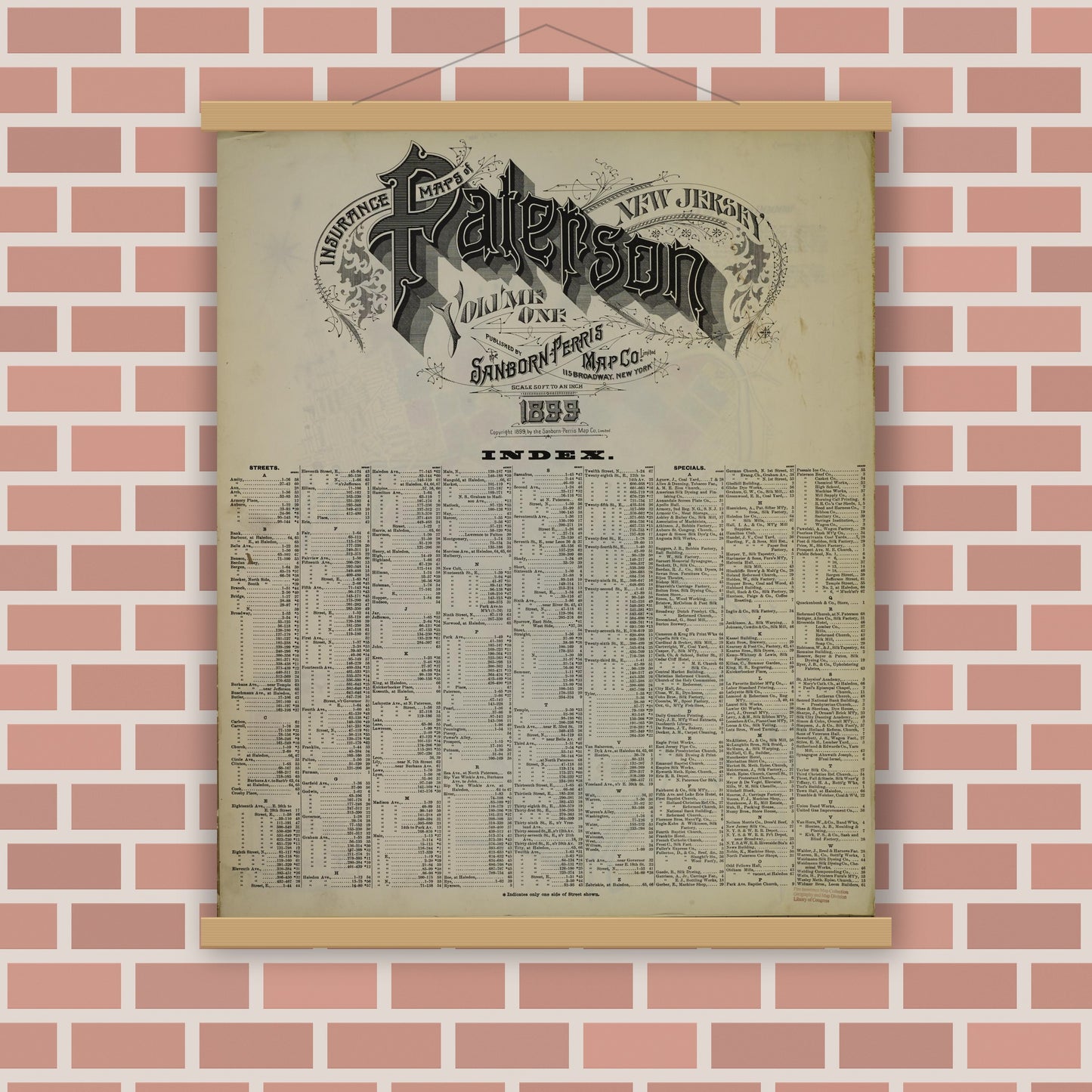Old map wall art mockup — magnetic wood frame on brick wall — Sanborn Fire Insurance Map from Paterson, Passaic County, New Jersey (1899) - Complete Map Set