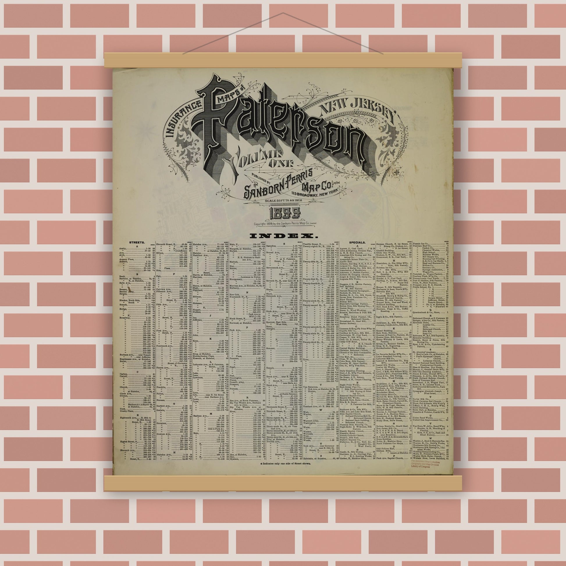 Old map wall art mockup — magnetic wood frame on brick wall — Sanborn Fire Insurance Map from Paterson, Passaic County, New Jersey (1899) - Complete Map Set