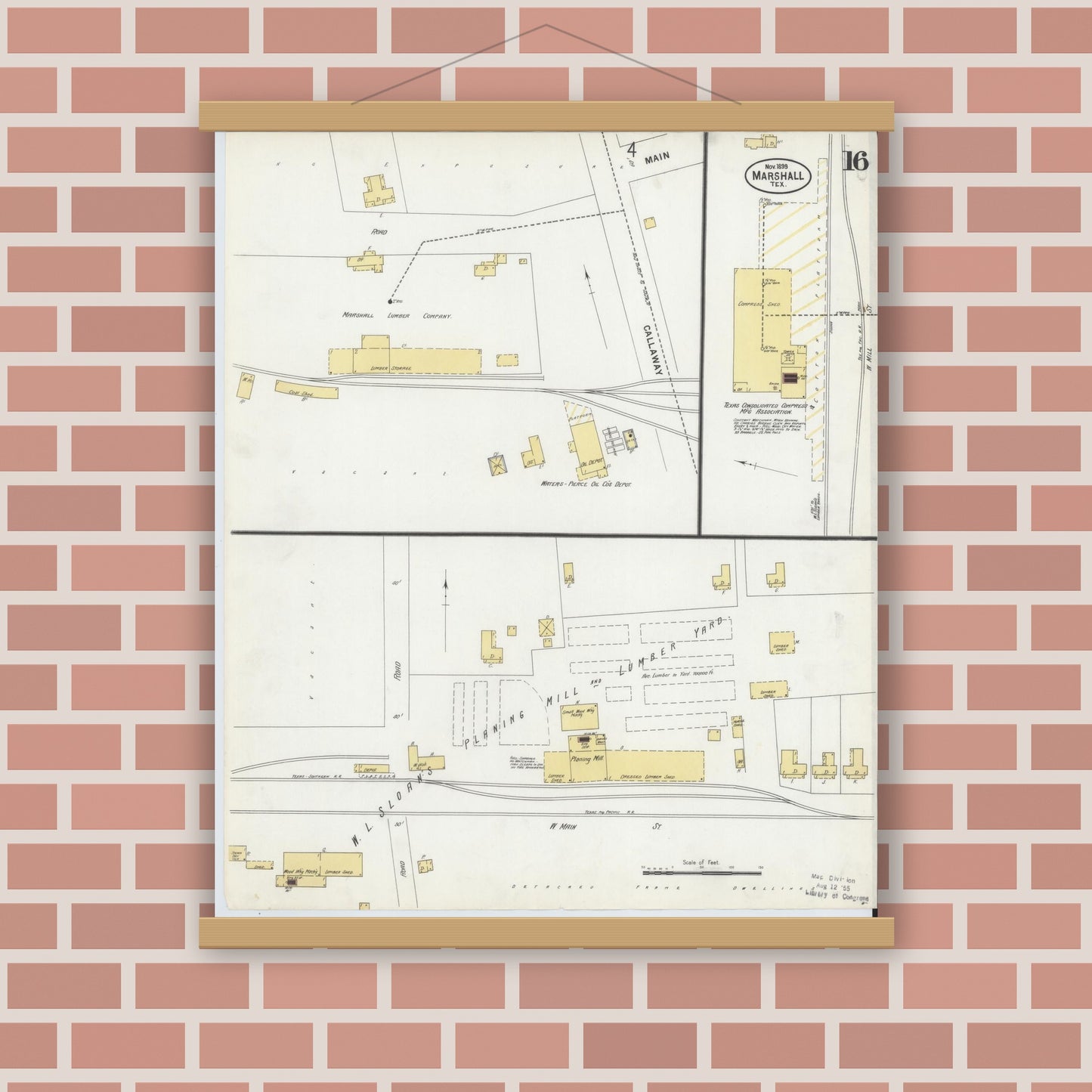Old map wall art mockup — magnetic wood frame on brick wall — Sanborn Fire Insurance Map from Marshall, Harrison County, Texas (1899), Sheet #0016