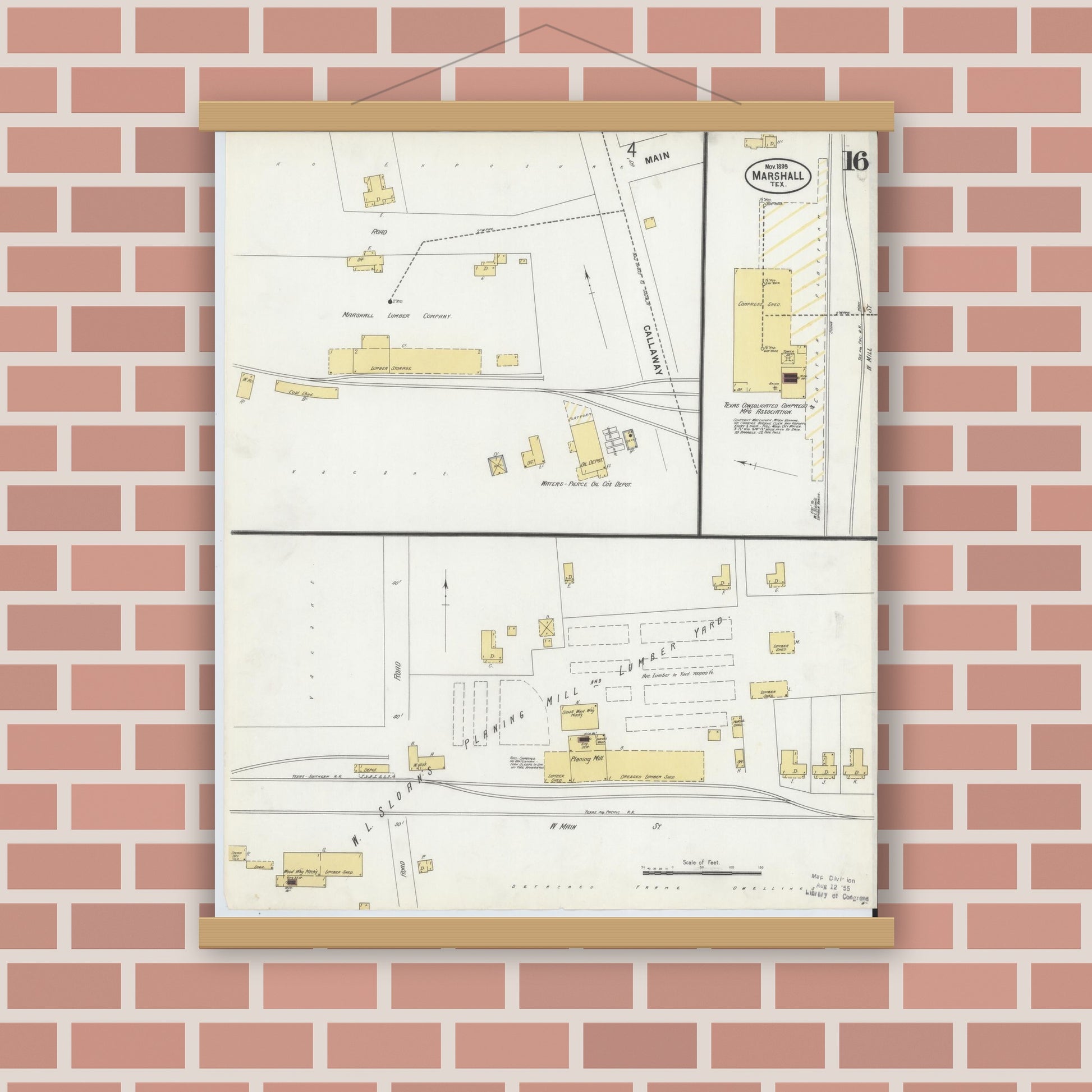 Old map wall art mockup — magnetic wood frame on brick wall — Sanborn Fire Insurance Map from Marshall, Harrison County, Texas (1899), Sheet #0016